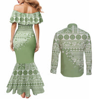 Fiji Marau na Kerisimasi Couples Matching Mermaid Dress and Long Sleeve Button Shirt Sage Green Tagimoucia Tapa Masi Tribal - Polynesian Pride