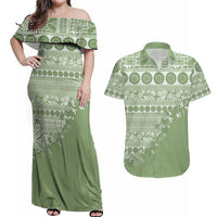 Fiji Marau na Kerisimasi Couples Matching Off Shoulder Maxi Dress and Hawaiian Shirt Sage Green Tagimoucia Tapa Masi Tribal LT9 Green - Polynesian Pride
