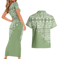 Fiji Marau na Kerisimasi Couples Matching Short Sleeve Bodycon Dress and Hawaiian Shirt Sage Green Tagimoucia Tapa Masi Tribal LT9 - Polynesian Pride