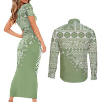 Fiji Marau na Kerisimasi Couples Matching Short Sleeve Bodycon Dress and Long Sleeve Button Shirt Sage Green Tagimoucia Tapa Masi Tribal - Polynesian Pride