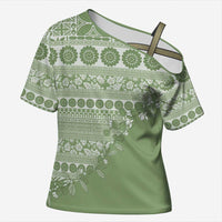 Fiji Marau na Kerisimasi Cross Shoulder Shirt Sage Green Tagimoucia Tapa Masi Tribal LT9 Female Green - Polynesian Pride
