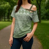 Fiji Marau na Kerisimasi Cross Shoulder Shirt Sage Green Tagimoucia Tapa Masi Tribal LT9 - Polynesian Pride