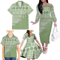 Fiji Marau na Kerisimasi Family Matching Off The Shoulder Long Sleeve Dress and Hawaiian Shirt Sage Green Tagimoucia Tapa Masi Tribal LT9 - Polynesian Pride