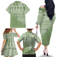 Fiji Marau na Kerisimasi Family Matching Off The Shoulder Long Sleeve Dress and Hawaiian Shirt Sage Green Tagimoucia Tapa Masi Tribal - Polynesian Pride