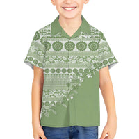Fiji Marau na Kerisimasi Family Matching Off The Shoulder Long Sleeve Dress and Hawaiian Shirt Sage Green Tagimoucia Tapa Masi Tribal LT9 Son's Shirt Green - Polynesian Pride