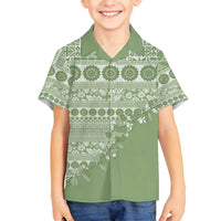 Fiji Marau na Kerisimasi Family Matching Off Shoulder Short Dress and Hawaiian Shirt Sage Green Tagimoucia Tapa Masi Tribal - Polynesian Pride