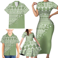 Fiji Marau na Kerisimasi Family Matching Short Sleeve Bodycon Dress and Hawaiian Shirt Sage Green Tagimoucia Tapa Masi Tribal - Polynesian Pride