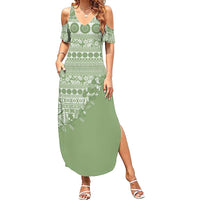 Fiji Marau na Kerisimasi Family Matching Summer Maxi Dress and Hawaiian Shirt Sage Green Tagimoucia Tapa Masi Tribal LT9 Mom's Dress Green - Polynesian Pride