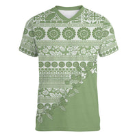 Fiji Marau na Kerisimasi Women V-Neck T-Shirt Sage Green Tagimoucia Tapa Masi Tribal - Polynesian Pride