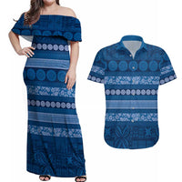 Fiji Marau na Kerisimasi Couples Matching Off Shoulder Maxi Dress and Hawaiian Shirt Blue Tapa Masi Inspired Christmas - Polynesian Pride