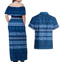 Fiji Marau na Kerisimasi Couples Matching Off Shoulder Maxi Dress and Hawaiian Shirt Blue Tapa Masi Inspired Christmas - Polynesian Pride