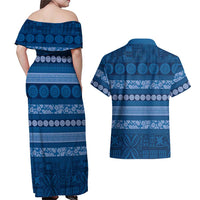 Fiji Marau na Kerisimasi Couples Matching Off Shoulder Maxi Dress and Hawaiian Shirt Blue Tapa Masi Inspired Christmas - Polynesian Pride