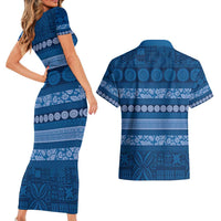 Fiji Marau na Kerisimasi Couples Matching Short Sleeve Bodycon Dress and Hawaiian Shirt Blue Tapa Masi Inspired Christmas LT9 - Polynesian Pride