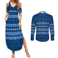 Fiji Marau na Kerisimasi Couples Matching Summer Maxi Dress and Long Sleeve Button Shirt Blue Tapa Masi Inspired Christmas - Polynesian Pride