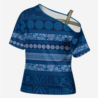 Fiji Marau na Kerisimasi Cross Shoulder Shirt Blue Tapa Masi Inspired Christmas - Polynesian Pride