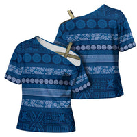 Fiji Marau na Kerisimasi Cross Shoulder Shirt Blue Tapa Masi Inspired Christmas LT9 - Polynesian Pride