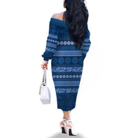 Fiji Marau na Kerisimasi Family Matching Off The Shoulder Long Sleeve Dress and Hawaiian Shirt Blue Tapa Masi Inspired Christmas LT9 - Polynesian Pride
