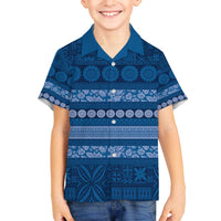 Fiji Marau na Kerisimasi Family Matching Off The Shoulder Long Sleeve Dress and Hawaiian Shirt Blue Tapa Masi Inspired Christmas LT9 Son's Shirt Blue - Polynesian Pride