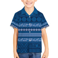 Fiji Marau na Kerisimasi Family Matching Off Shoulder Short Dress and Hawaiian Shirt Blue Tapa Masi Inspired Christmas LT9 Son's Shirt Blue - Polynesian Pride