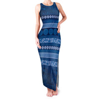 Fiji Marau na Kerisimasi Family Matching Tank Maxi Dress and Hawaiian Shirt Blue Tapa Masi Inspired Christmas LT9 Mom's Dress Blue - Polynesian Pride