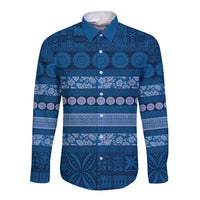 Fiji Marau na Kerisimasi Long Sleeve Button Shirt Blue Tapa Masi Inspired Christmas - Polynesian Pride