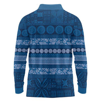 Fiji Marau na Kerisimasi Long Sleeve Polo Shirt Blue Tapa Masi Inspired Christmas - Polynesian Pride