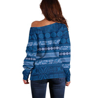 Fiji Marau na Kerisimasi Off Shoulder Sweater Blue Tapa Masi Inspired Christmas - Polynesian Pride