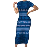 Fiji Marau na Kerisimasi Short Sleeve Bodycon Dress Blue Tapa Masi Inspired Christmas - Polynesian Pride