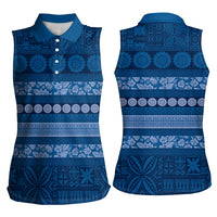 Fiji Marau na Kerisimasi Women Sleeveless Polo Shirt Blue Tapa Masi Inspired Christmas - Polynesian Pride
