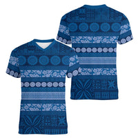 Fiji Marau na Kerisimasi Women V-Neck T-Shirt Blue Tapa Masi Inspired Christmas - Polynesian Pride