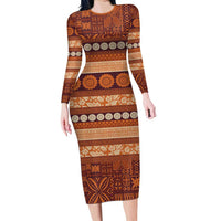 Fiji Marau na Kerisimasi Family Matching Long Sleeve Bodycon Dress and Hawaiian Shirt Gold Tapa Masi Inspired Christmas LT9 Mom's Dress Gold - Polynesian Pride