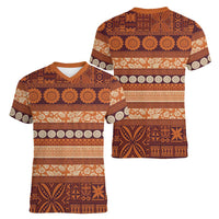 Fiji Marau na Kerisimasi Women V-Neck T-Shirt Gold Tapa Masi Inspired Christmas - Polynesian Pride