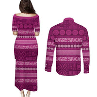 Fiji Marau na Kerisimasi Couples Matching Puletasi and Long Sleeve Button Shirt Pink Tapa Masi Inspired Christmas LT9 - Polynesian Pride