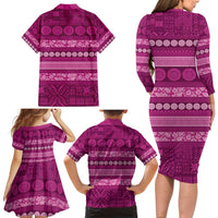 Fiji Marau na Kerisimasi Family Matching Long Sleeve Bodycon Dress and Hawaiian Shirt Pink Tapa Masi Inspired Christmas - Polynesian Pride
