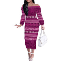 Fiji Marau na Kerisimasi Family Matching Off The Shoulder Long Sleeve Dress and Hawaiian Shirt Pink Tapa Masi Inspired Christmas LT9 Mom's Dress Pink - Polynesian Pride