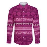 Fiji Marau na Kerisimasi Family Matching Off Shoulder Short Dress and Hawaiian Shirt Pink Tapa Masi Inspired Christmas LT9 Dad's Shirt - Long Sleeve Pink - Polynesian Pride