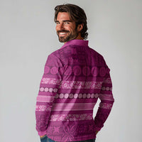 Fiji Marau na Kerisimasi Long Sleeve Polo Shirt Pink Tapa Masi Inspired Christmas - Polynesian Pride