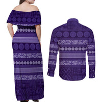 Fiji Marau na Kerisimasi Couples Matching Off Shoulder Maxi Dress and Long Sleeve Button Shirt Purple Tapa Masi Inspired Christmas - Polynesian Pride