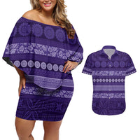 Fiji Marau na Kerisimasi Couples Matching Off Shoulder Short Dress and Hawaiian Shirt Purple Tapa Masi Inspired Christmas LT9 Purple - Polynesian Pride