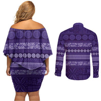Fiji Marau na Kerisimasi Couples Matching Off Shoulder Short Dress and Long Sleeve Button Shirt Purple Tapa Masi Inspired Christmas - Polynesian Pride