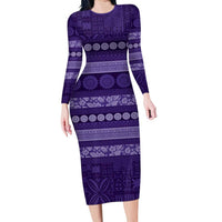 Fiji Marau na Kerisimasi Family Matching Long Sleeve Bodycon Dress and Hawaiian Shirt Purple Tapa Masi Inspired Christmas LT9 Mom's Dress Purple - Polynesian Pride