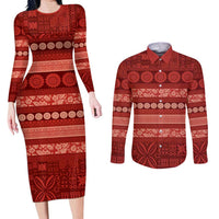 Fiji Marau na Kerisimasi Couples Matching Long Sleeve Bodycon Dress and Long Sleeve Button Shirt Red Tapa Masi Inspired Christmas - Polynesian Pride