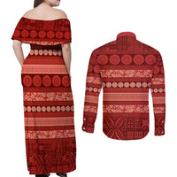 Fiji Marau na Kerisimasi Couples Matching Off Shoulder Maxi Dress and Long Sleeve Button Shirt Red Tapa Masi Inspired Christmas - Polynesian Pride