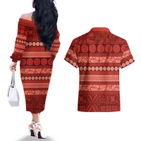 Fiji Marau na Kerisimasi Couples Matching Off The Shoulder Long Sleeve Dress and Hawaiian Shirt Red Tapa Masi Inspired Christmas LT9 - Polynesian Pride