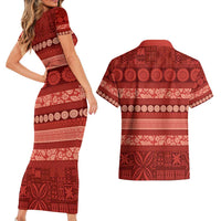 Fiji Marau na Kerisimasi Couples Matching Short Sleeve Bodycon Dress and Hawaiian Shirt Red Tapa Masi Inspired Christmas - Polynesian Pride