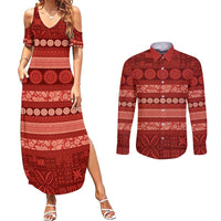 Fiji Marau na Kerisimasi Couples Matching Summer Maxi Dress and Long Sleeve Button Shirt Red Tapa Masi Inspired Christmas - Polynesian Pride