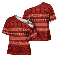 Fiji Marau na Kerisimasi Cross Shoulder Shirt Red Tapa Masi Inspired Christmas - Polynesian Pride