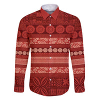 Fiji Marau na Kerisimasi Family Matching Off The Shoulder Long Sleeve Dress and Hawaiian Shirt Red Tapa Masi Inspired Christmas LT9 Dad's Shirt - Long Sleeve Red - Polynesian Pride