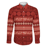 Fiji Marau na Kerisimasi Family Matching Off Shoulder Maxi Dress and Hawaiian Shirt Red Tapa Masi Inspired Christmas LT9 Dad's Shirt - Long Sleeve Red - Polynesian Pride