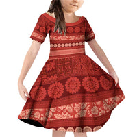 Fiji Marau na Kerisimasi Family Matching Off Shoulder Short Dress and Hawaiian Shirt Red Tapa Masi Inspired Christmas LT9 Daughter's Dress Red - Polynesian Pride